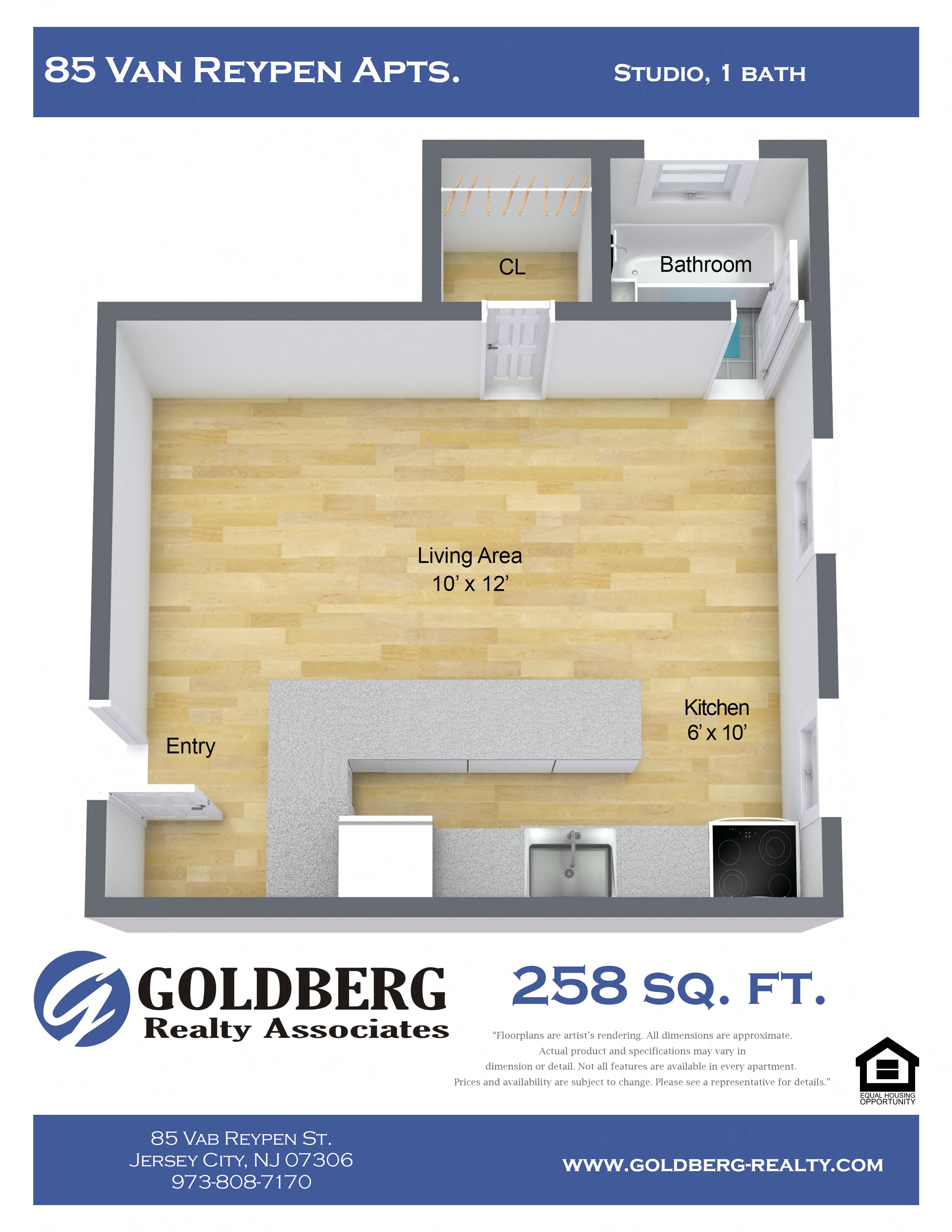 Floor plan for studio, 1 bath, 258 sqft